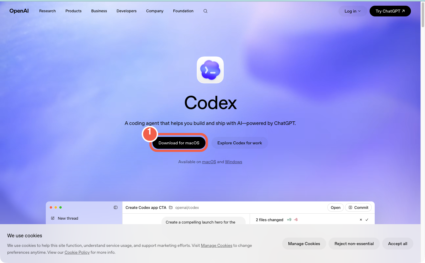 Official Codex download page with the Download for macOS button highlighted