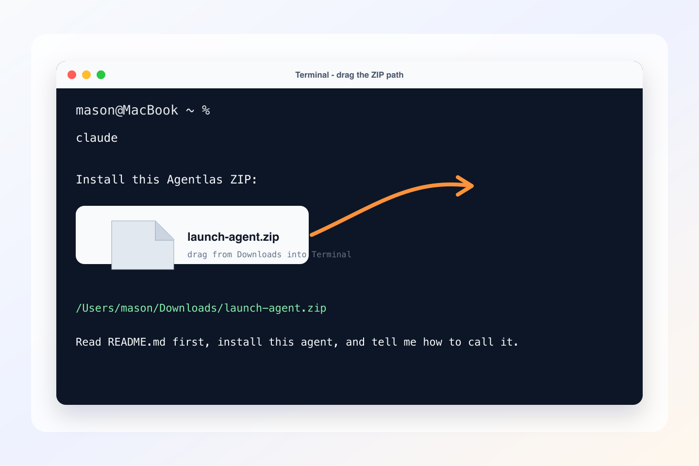 Mac Terminal showing an Agentlas ZIP dragged into the prompt