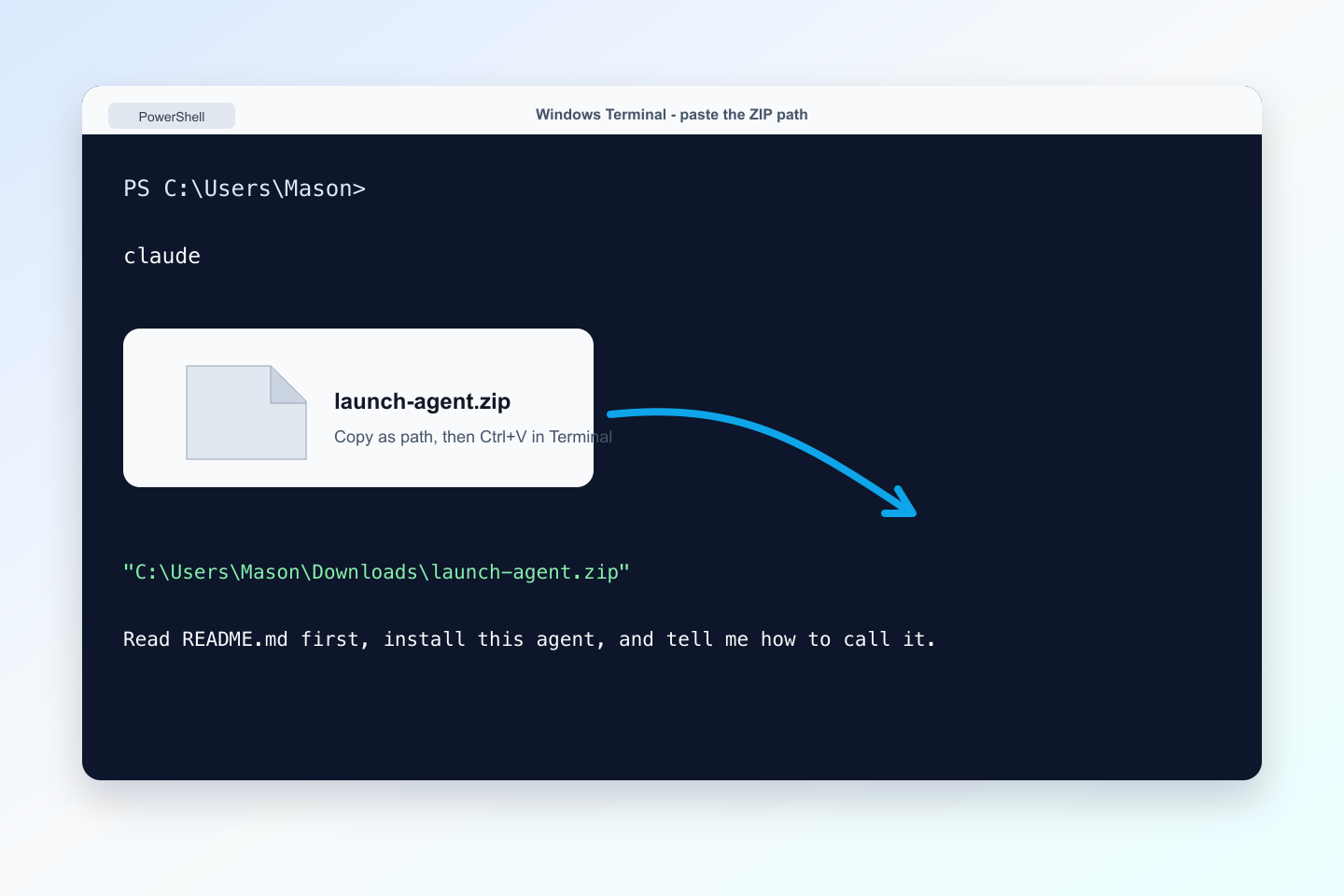 Windows Terminal showing an Agentlas ZIP path pasted into PowerShell